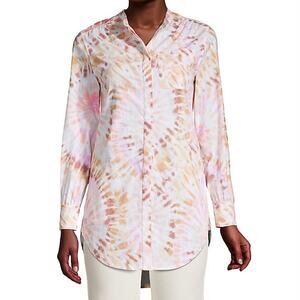 Lands End Cotton A-Line Long Sleeve Button Up Tunic Top Pockets Sz XL 18 Tie Dye